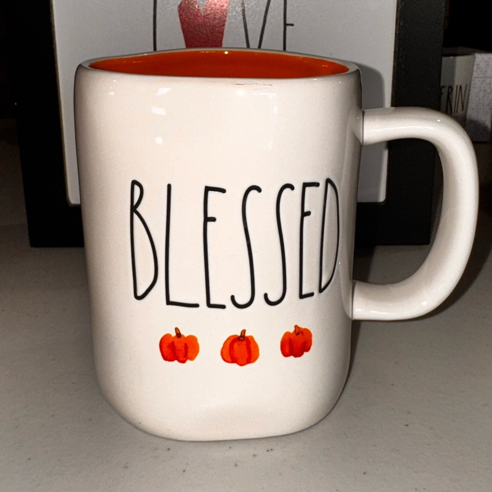 Rae Dunn Blessed White and Orange Mug, with pumpkins